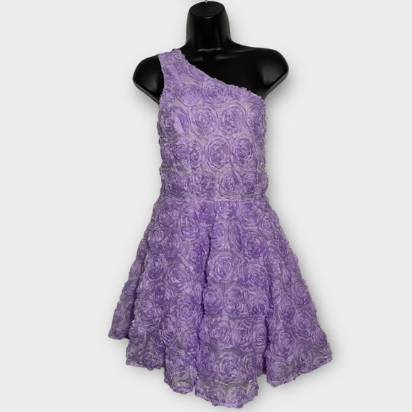 Faeriesty Dresses & Skirts - Faeriesty Purple One Shoulder 3D Floral Strappy Back Mini Dress Size Medium